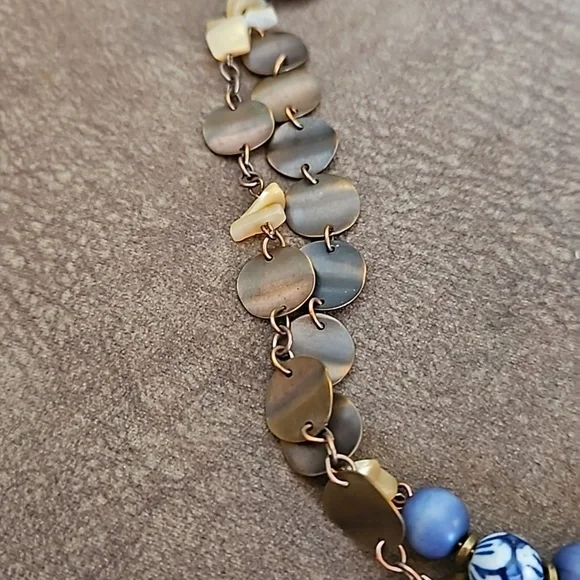 VTG Coldwater Creek Ceramic Shell Bronze Disc Beaded Chain Long Necklace - Picture 4 of 9